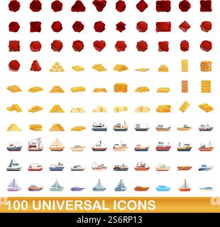 100 universal icons set. Cartoon illustration of 100 universal icons vector set isolated on white background. 100 universal icons set, cartoon style Stock Vector