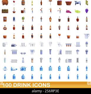 100 drink icons set. Cartoon illustration of 100 drink icons vector set isolated on white background. 100 drink icons set, cartoon style Stock Vector