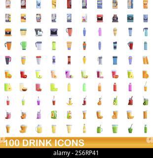 100 drink icons set. Cartoon illustration of 100 drink icons vector set isolated on white background. 100 drink icons set, cartoon style Stock Vector