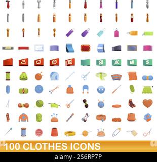100 clothes icons set. Cartoon illustration of 100 clothes icons vector set isolated on white background. 100 clothes icons set, cartoon style Stock Vector