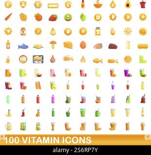 100 vitamin icons set. Cartoon illustration of 100 vitamin icons vector set isolated on white background. 100 vitamin icons set, cartoon style Stock Vector