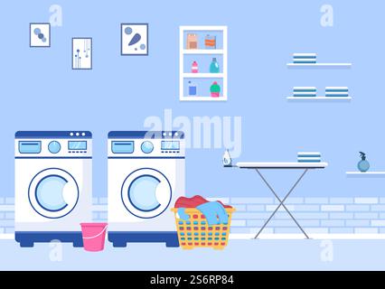 Laundry with Wash and Drying Machines in Flat Background Illustration. Dirty Cloth Lying in Basket and Women are Washing Clothes for Banner or Poster Stock Vector