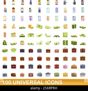 100 universal icons set. Cartoon illustration of 100 universal icons vector set isolated on white background. 100 universal icons set, cartoon style Stock Vector