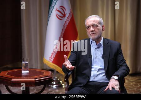 Moscow, Russia. 18th Jan, 2025. Iranian President MASOUD PEZESHKIAN speaks with Channel One Russia in Moscow. The Iranian president is visiting Moscow to meet with President Putin, where they will discuss and sign a comprehensive strategic partnership agreement. (Credit Image: © Iranian Presidency via ZUMA Press Wire) EDITORIAL USAGE ONLY! Not for Commercial USAGE! Stock Photo