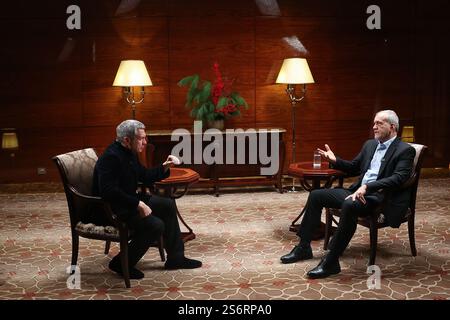 Moscow, Russia. 18th Jan, 2025. Iranian President MASOUD PEZESHKIAN (R) speaks with Channel One Russia in Moscow. The Iranian president is visiting Moscow to meet with President Putin, where they will discuss and sign a comprehensive strategic partnership agreement. (Credit Image: © Iranian Presidency via ZUMA Press Wire) EDITORIAL USAGE ONLY! Not for Commercial USAGE! Stock Photo