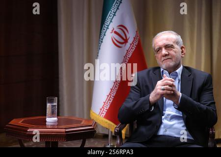 Moscow, Russia. 18th Jan, 2025. Iranian President MASOUD PEZESHKIAN speaks with Channel One Russia in Moscow. The Iranian president is visiting Moscow to meet with President Putin, where they will discuss and sign a comprehensive strategic partnership agreement. (Credit Image: © Iranian Presidency via ZUMA Press Wire) EDITORIAL USAGE ONLY! Not for Commercial USAGE! Stock Photo