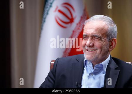 Moscow, Russia. 18th Jan, 2025. Iranian President MASOUD PEZESHKIAN speaks with Channel One Russia in Moscow. The Iranian president is visiting Moscow to meet with President Putin, where they will discuss and sign a comprehensive strategic partnership agreement. (Credit Image: © Iranian Presidency via ZUMA Press Wire) EDITORIAL USAGE ONLY! Not for Commercial USAGE! Stock Photo