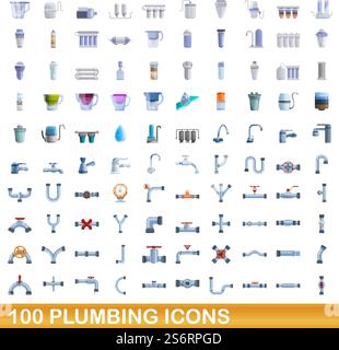 100 plumbing icons set. Cartoon illustration of 100 plumbing icons vector set isolated on white background. 100 plumbing icons set, cartoon style Stock Vector