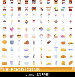 100 food icons set. Cartoon illustration of 100 food icons vector set isolated on white background. 100 food icons set, cartoon style Stock Vector