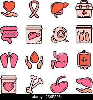 Donate organs icons set outline vector. Donor organ. Kidney donation. Donate organs icons set outline vector. Donor organ Stock Vector