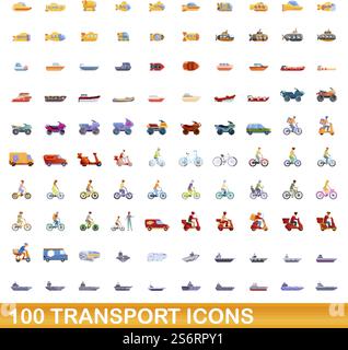 100 transport icons set. Cartoon illustration of 100 transport icons vector set isolated on white background. 100 transport icons set, cartoon style Stock Vector