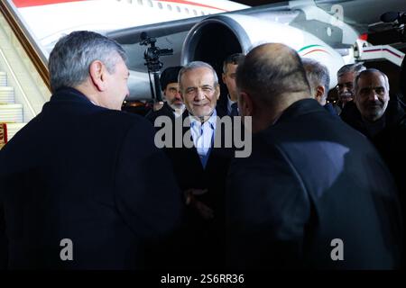 Moscow, Russia. 18th Jan, 2025. Iranian President MASOUD PEZESHKIAN leaves Moscow for Tehran, wrapping up his visit to Russia. President Pezeshkian met with his counterpart and top Russian officials during his daylong trip to Moscow. The Russian President and Pezeshkian signed the Iran-Russia Comprehensive Strategic Partnership Treaty, which promotes bilateral cooperation in various fields, including the economy, trade, security, culture, and tourism. (Credit Image: © Iranian Presidency via ZUMA Press Wire) EDITORIAL USAGE ONLY! Not for Commercial USAGE! Stock Photo