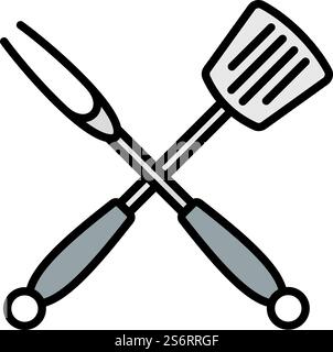 Crossed Frying Spatula And Fork Icon. Editable Bold Outline With Color Fill Design. Vector Illustration. Stock Vector