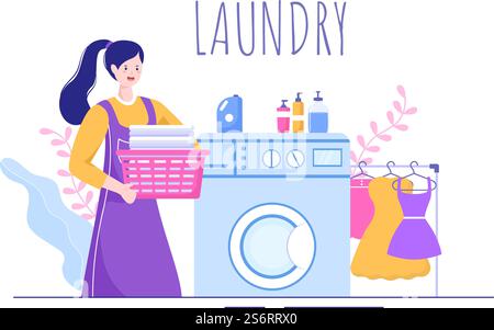 Laundry with Wash and Drying Machines in Flat Background Illustration. Dirty Cloth Lying in Basket and Women are Washing Clothes for Banner or Poster Stock Vector