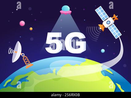 Artificial Satellites Orbiting the Planet Earth with Wireless Technology Global 5G Internet Network Satellite Communication in Flat Background Illustration Stock Vector