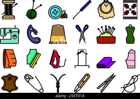 Sewing Icon Set. Editable Bold Outline With Color Fill Design. Vector Illustration. Stock Vector