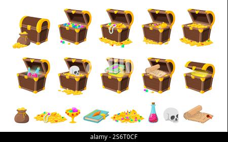 Cartoon treasure gaming elements. Treasures game, wooden chest and ui interface icons. Mysterious element, book gold coins recent vector set. Gold treasure abundance, chest open with coin illustration. Cartoon treasure gaming elements. Treasures game, wooden chest and ui interface icons. Mysterious elements, book gold coins recent vector set Stock Vector