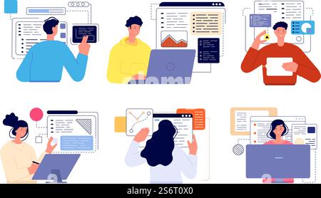 People programming. Professional geek, working screens java technology coder. Cartoon flat computer developer, engineers utter vector characters. Professional programmer geek, computer coder. People programming. Professional geek, working screens java technology coder. Cartoon flat computer developer, engineers utter vector characters Stock Vector
