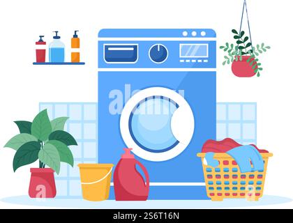 Laundry with Wash and Drying Machines in Flat Background Illustration. Dirty Cloth Lying in Basket and Women are Washing Clothes for Banner or Poster Stock Vector