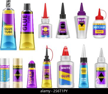 Glue packaging. Glues tubes, realistic adhesive stick and bottle plastic packs 3d isolated vector illustration. Glue gel in tube or package. Glue packaging. Glues tubes, realistic adhesive stick and bottle plastic packs 3d isolated vector illustration Stock Vector