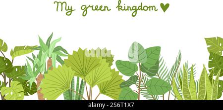 Plants pattern. Green garden plant, home planting. Tropical tree, bushes border design. Palm vector seamless print. Decoration floral, flora decorative leaf illustration. Plants pattern. Green garden plant, home planting. Tropical tree, bushes border design. Palm vector seamless print Stock Vector