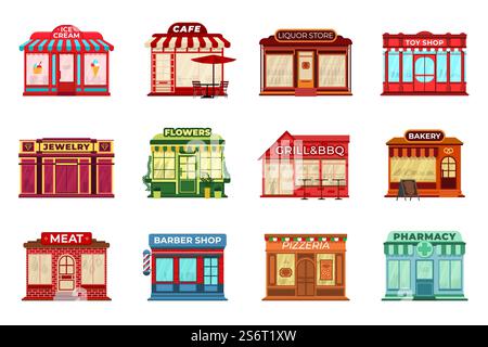 Cartoon shop facades. Different stores, local storefront or retail town. Pharmacy, restaurant on city street. Commercial buildings vector set. Facade city store, barbershop and grill bbq illustration. Cartoon flat shop facades. Different stores, local storefront or retail in town. Pharmacy, restaurant on city street. Commercial buildings recent vector set Stock Vector