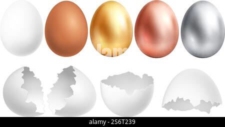 Realistic eggs. White egg and broken shell, golden silver bronze easter hunting elements. Farm product vector set. Illustration egg yellow golden and silver, bronze. Realistic eggs. White egg and broken shell, golden silver bronze easter hunting elements. Farm product vector set Stock Vector