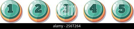 Cartoon number buttons. Glossy gaming button, numbering from one to five. Isolated game vector elements for user interface or levels. Illustration icon buttons numeral. Cartoon number buttons. Glossy gaming button, numbering from one to five. Isolated game vector elements for user interface or levels Stock Vector