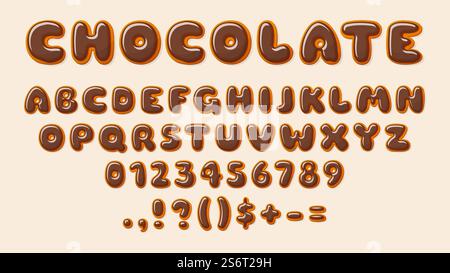 Chocolate ABC. Bakery letters, alphabet letter and number glazed choco. Decorative baby, recipe, birthday cards, sale banners, vector design. Illustration of abc dessert font, sweet bakery chocolate. Chocolate ABC. Bakery letters, alphabet letter and number glazed choco. Decorative elements for baby, recipe, birthday cards, sale banners, vector design Stock Vector