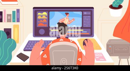 Animator at work. Artist animation games, motion model graphic. Designer works at computer in home office, video editor process utter vector concept. Illustration editor motion designer. Animator at work. Artist animation games, motion model graphic. Designer works at computer in home office, video editor process utter vector concept Stock Vector