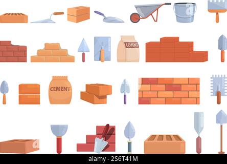 Brick and mortar icons set cartoon vector. Brick construction. Stone drywall. Brick and mortar icons set cartoon vector. Brick construction Stock Vector