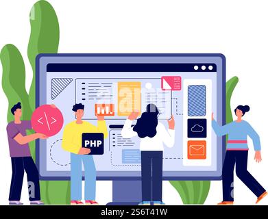 Web app developers. Web illustrations developer, website interface development. People hold software banners, programmers team utter vector concept. Web development and programming. Web app developers. Web illustrations developer, website interface development. People hold software banners, programmers team utter vector concept Stock Vector
