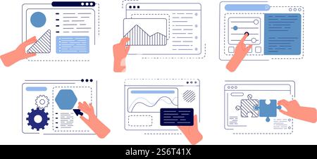 Hands programming app. Engineering apps, ui hand creating. Build application, creative team creation work project. Web designer vector. Ui app process programming, development project illustration. Hands programming app. Engineering apps, ui hand creating. Build application, creative team creation work project. Web designer utter vector concept Stock Vector