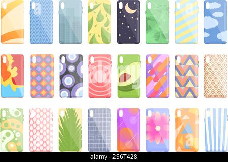 Smartphone case icons set cartoon vector. Cover case. Glass crash. Smartphone case icons set cartoon vector. Cover case Stock Vector