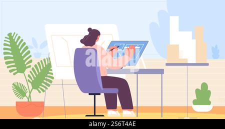 Female architect. Woman working house, professional urban technical project. Engineering and construction, real estate office vector location. Illustration of woman architect and construction project. Female architect. Woman working house, professional urban technical project. Engineering and construction, real estate office utter vector location Stock Vector