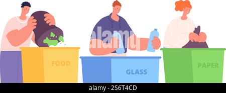 Sorting waste. Eco friendly volunteers, woman man with bags for garbage. Ecology management, trash reusing and good habit utter vector scene. Illustration of container separation and recycling rubbish. Sorting waste. Eco friendly volunteers, woman man with bags for garbage. Ecology management, trash reusing and good habit utter vector scene Stock Vector