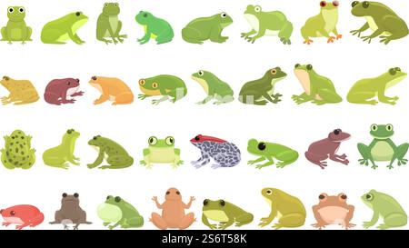 Frog icons set cartoon vector. Toad water. Tadpole catch. Frog icons set cartoon vector. Toad water Stock Vector