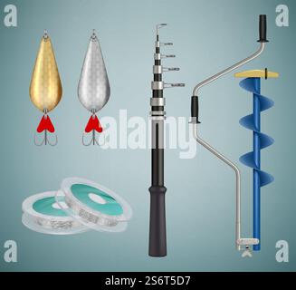 Fishing equipment. Fishing rod butterfly net spinner hooks decent vector realistic collection. Illustration fishing equipment, hook and rod, tackle or bait. Fishing equipment. Fishing rod butterfly net spinner hooks decent vector realistic collection Stock Vector