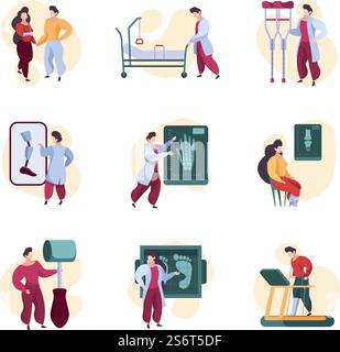 Orthopedic problems. Human anatomy xray bones diagnose and prevention medical problems doctors patients garish vector characters concept scenes. Illustration diagnose anatomy, problem skeleton. Orthopedic problems. Human anatomy xray bones diagnose and prevention medical problems doctors patients garish vector characters concept scenes Stock Vector