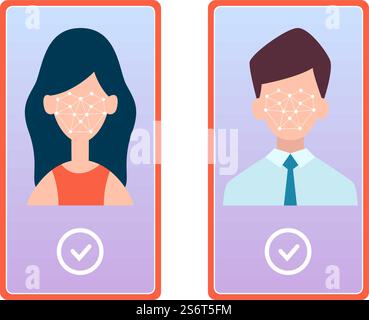Face recognition. Smartphone accepted information, man woman faces on screen. Data base information safe, new technologies vector concept. Illustration verification security, technology identification. Face recognition. Smartphone accepted information, man woman faces on screen. Data base information safe, new technologies vector concept Stock Vector