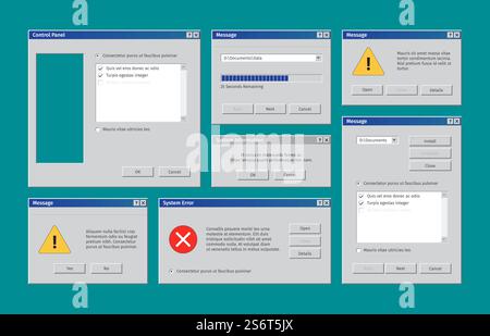Old web ui. Retro windows user interface alert boxes pop up tabs explorer window garish vector templates collection. Illustration old notification message, mockup warning software report. Old web ui. Retro windows user interface alert boxes pop up tabs explorer window garish vector templates collection Stock Vector