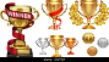 Winner collection. Trophy, realistic medals. Golden cup red ribbon, gold silver bronze medal. Anniversary, sport competition awards vector set. Illustraton of prize and trophy, victory golden award. Winner collection. Trophy, realistic medals. Golden cup with red ribbon, isolated gold silver bronze medal. Anniversary, sport competition awards vector set Stock Vector