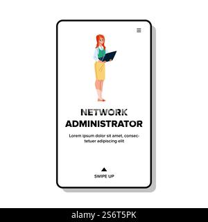 Network administrator system. server computer. data maintenance. technology support character web flat cartoon illustration. Network administrator vector Stock Vector