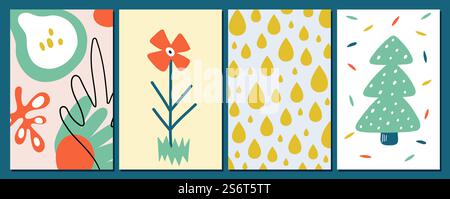 Abstract contemporary cards. Four seasons symbols, flower rain drops and christmas tree with snowballs. Cute modern vector design elements. Illustration flora template unusual poster decoration. Abstract contemporary cards. Four seasons symbols, flower rain drops and christmas tree with snowballs. Cute modern vector design elements Stock Vector