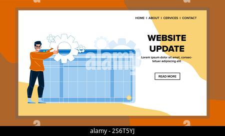 Website update software system. computer maintenance. new web app. site technology character web flat cartoon illustration. Website update vector Stock Vector