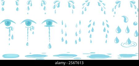 Tears drops. Water drop, crying eyes. Emotional expression eye with teardrop. Cartoon rain and puddle vector elements. Illustration drop tear and cry from eyes isolated. Tears drops. Water drop, crying eyes. Emotional expression eye with teardrop. Cartoon rain and puddle vector elements Stock Vector