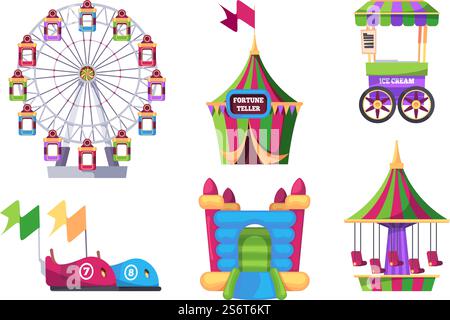 Amusement park. Outdoor attraction for kids swing game machines catapult carousel inflatable trampoline garish vector flat illustrations. Amusement and attraction, entertainment carousel. Amusement park. Outdoor attraction for kids swing game machines catapult carousel inflatable trampoline garish vector flat illustrations Stock Vector