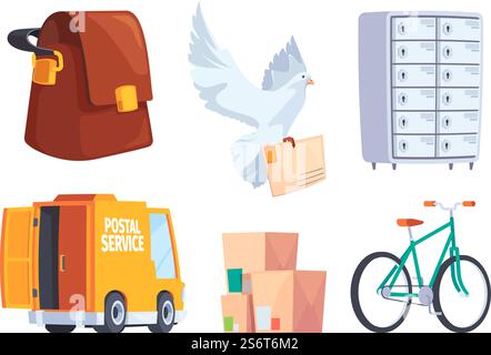 Postal service. Mailbox letters postal communication items hot newspaper service car garish vector illustrations collection in flat style. Mailbox and delivery, envelope mail. Postal service. Mailbox letters postal communication items hot newspaper service car garish vector illustrations collection in flat style Stock Vector