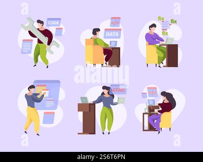 Qa. Characters testing app programmers working vector illustrations. Software programmer, fixing and debugging, characters work at computer. Qa. Characters testing app programmers working vector illustrations Stock Vector