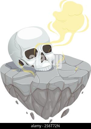 Skull on stones. Isometric game location element, human bones on rock and smoke cloud. Isolated horror vector object. Illustration stone skull isometric, rock and scary. Skull on stones. Isometric game location element, human bones on rock and smoke cloud. Isolated horror vector object Stock Vector